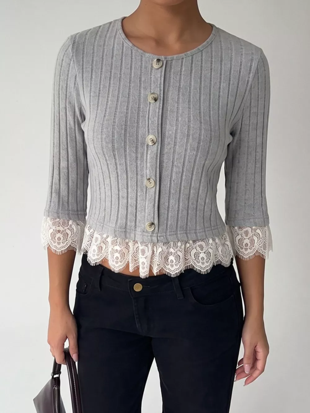 Lace Hem Ribbed Knit Button-Down Top