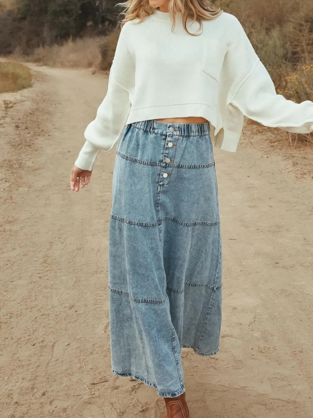 Button-Front Tiered Maxi Denim Skirt, image 2