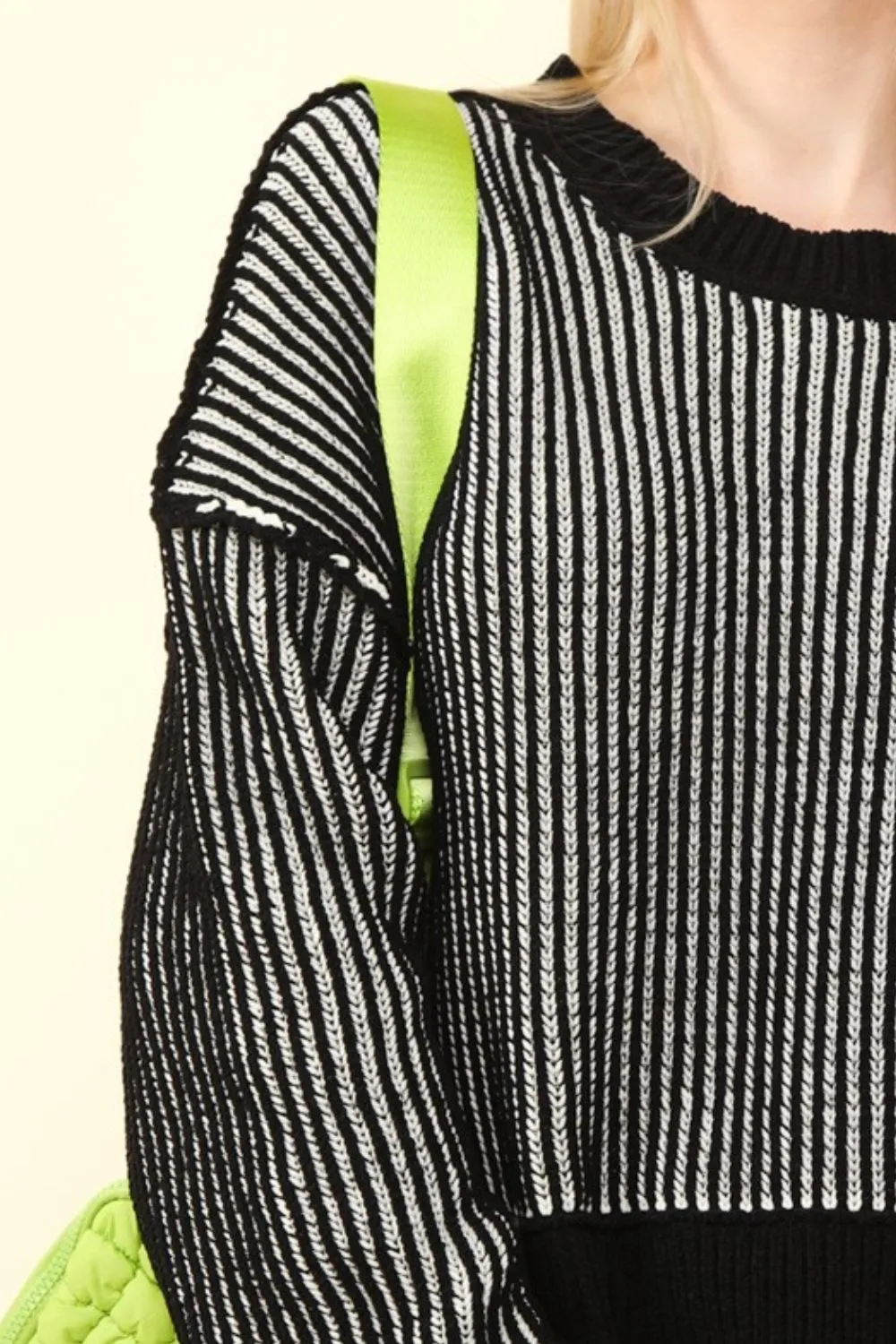 Exposed Seam Cropped Striped Slit Sweater, image 3