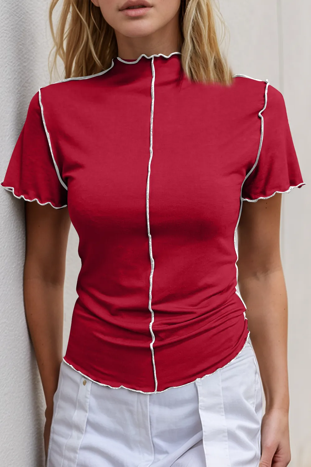 Contrast Trim Mock Neck Short Sleeve T-Shirt, image 11