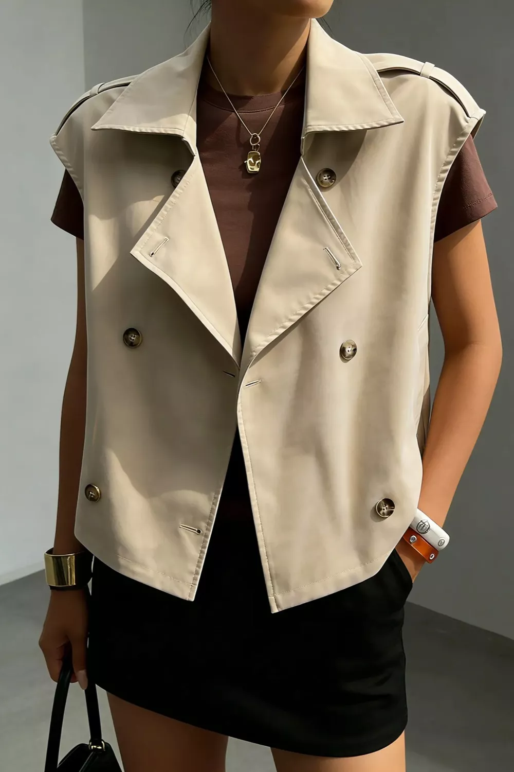 Double-Breasted Cropped Trench Vest Coat, image 4