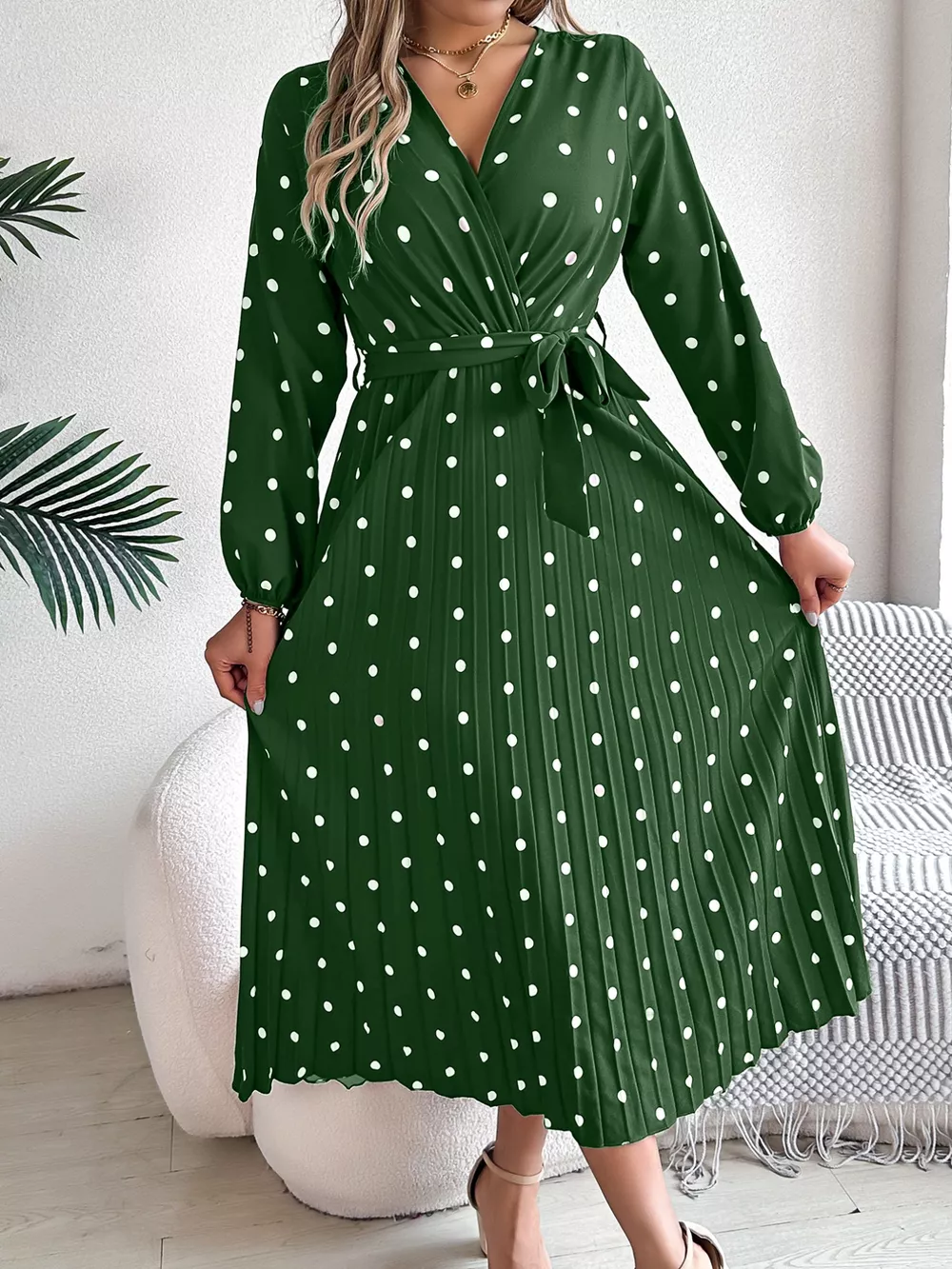 Front Tie Polka Dot Midi Pleated Dress, image 15
