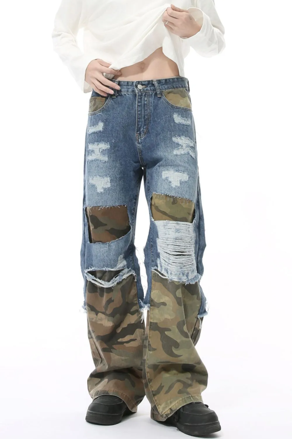 Distressed Camouflage Patchwork Jeans, image 4
