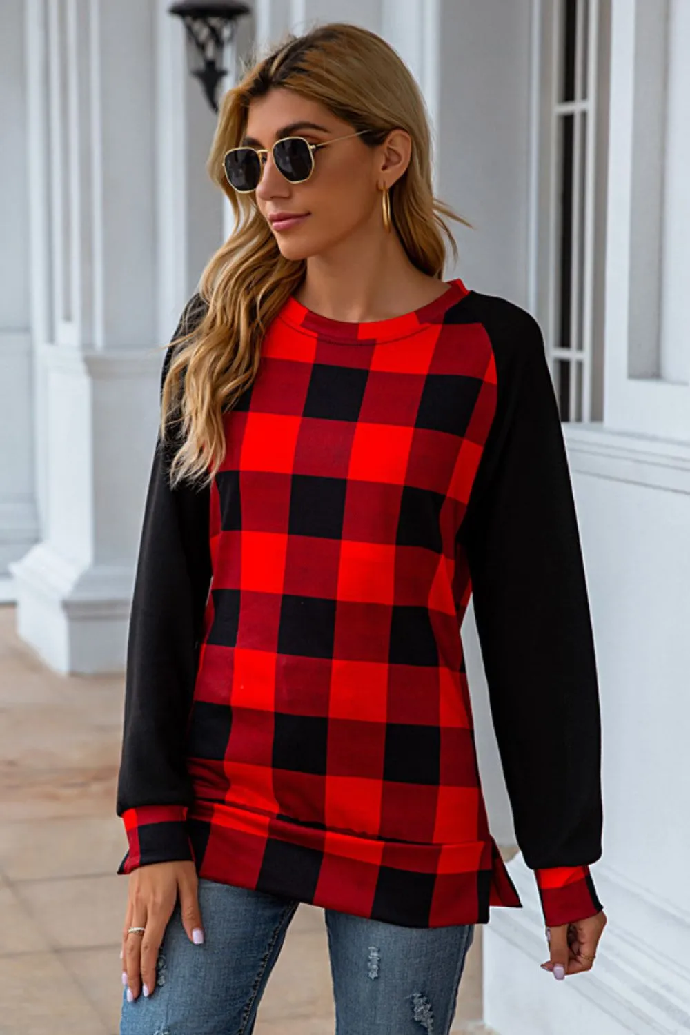Plaid Round Neck Long Sleeve T-Shirt, image 2