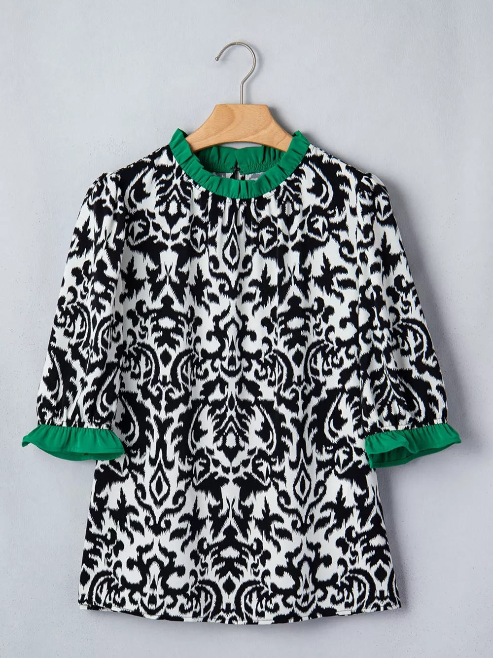 Damask Print Ruffled Color Block Detail Half Sleeve Blouse, image 7