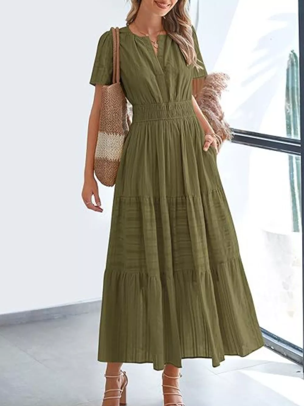 Full Size Short Sleeve Tiered Midi Dress Plus Size, image 18