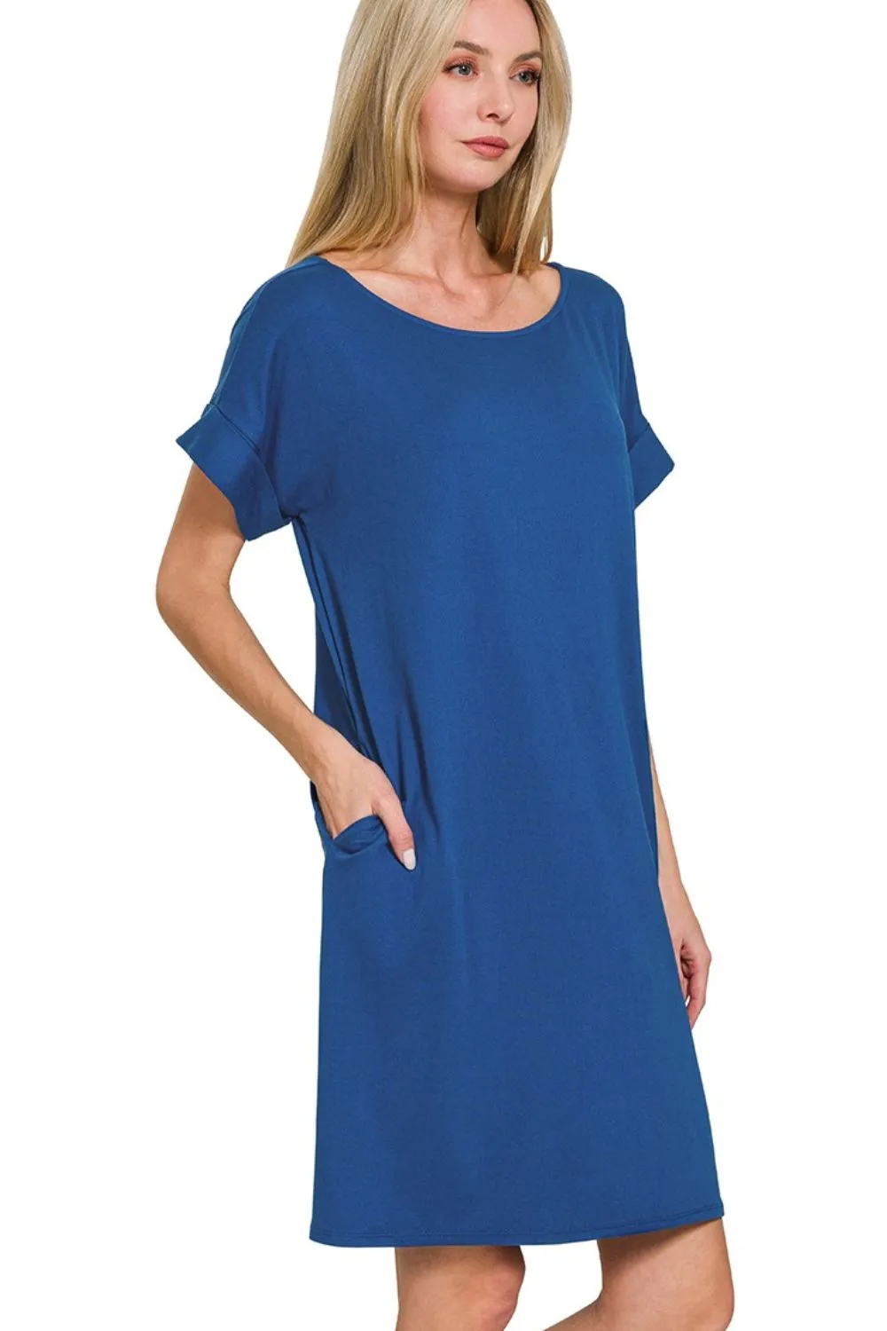 Rolled Short Sleeve Round Neck Dress
