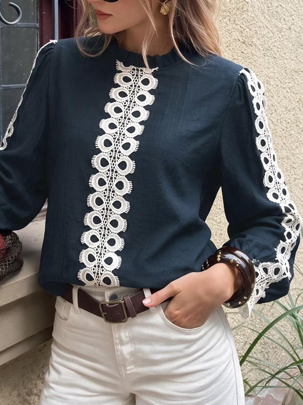 Lace Trim Long Sleeves Blouse, image 4
