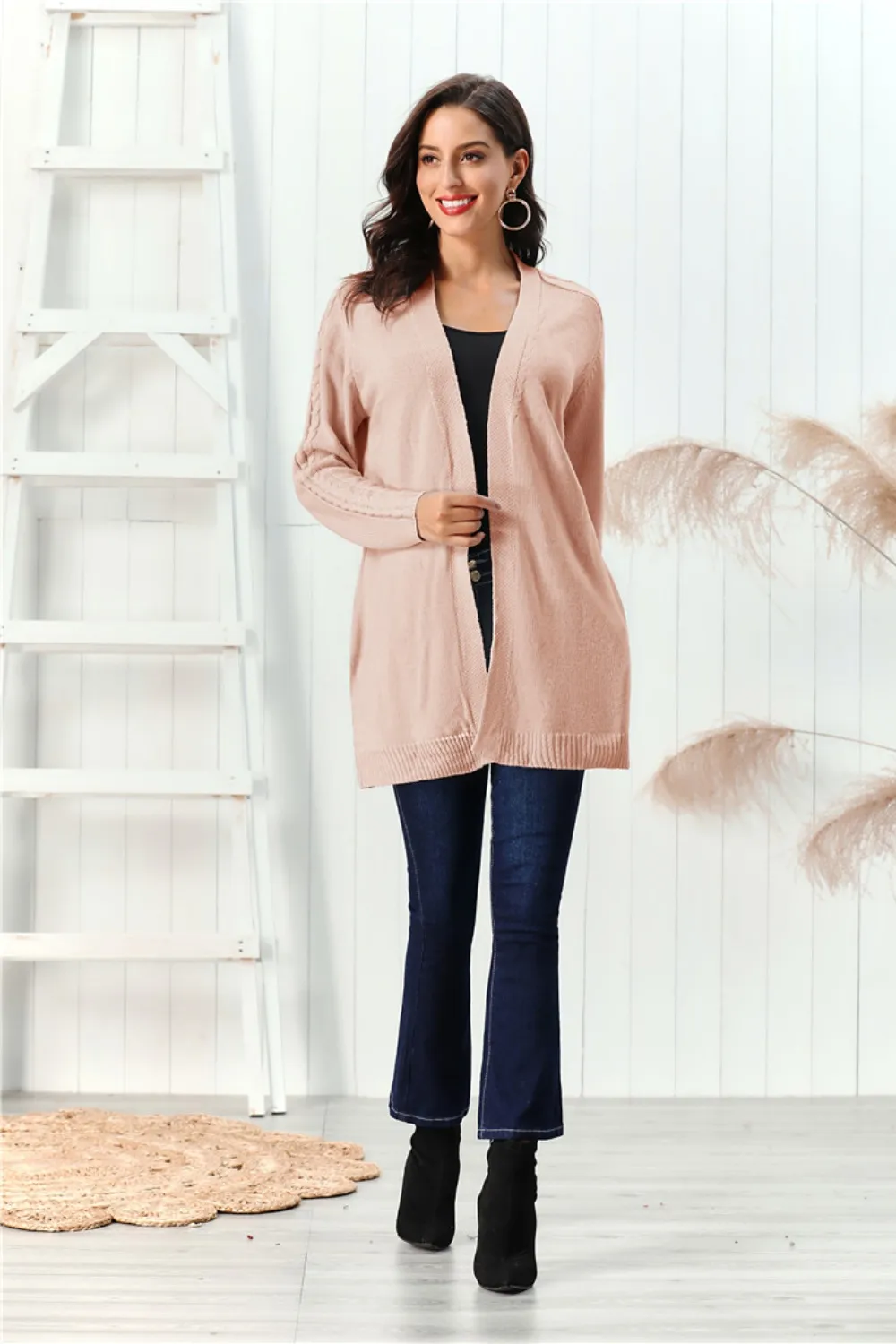 Cable-Knit Open Front Long Sleeve Cardigan, image 5