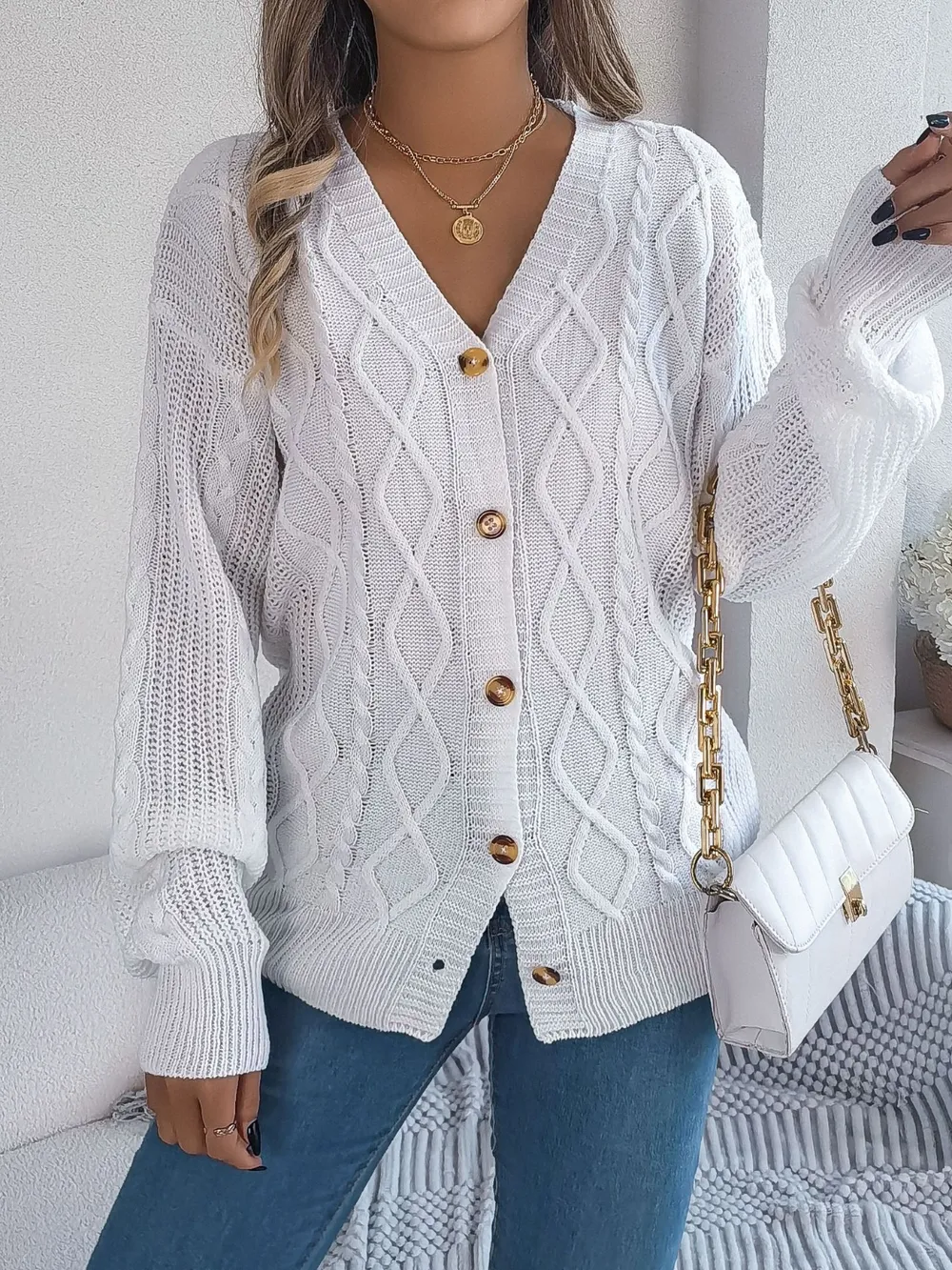 Cable-Knit Long Sleeve Cardigan, image 15