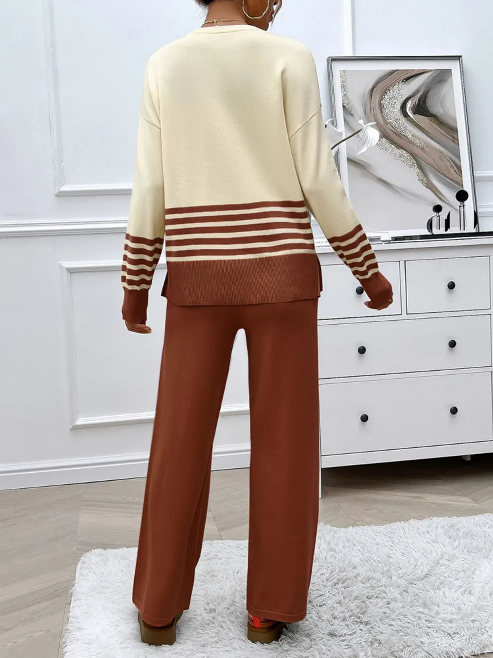 Slit Striped Round Neck Top and Pants Sweater Set, image 13
