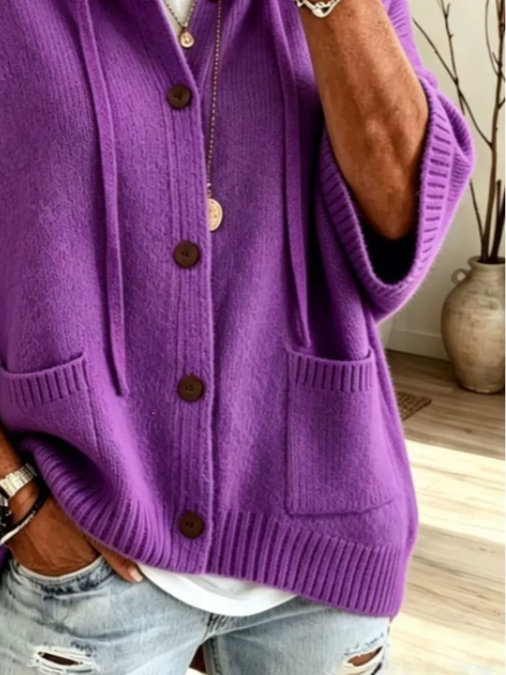 Hooded Button-Down Knit Cardigan, image 17