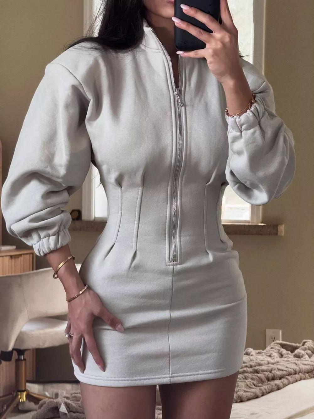 Casual Zip-Up Long Sleeve Mini Dress, image 4