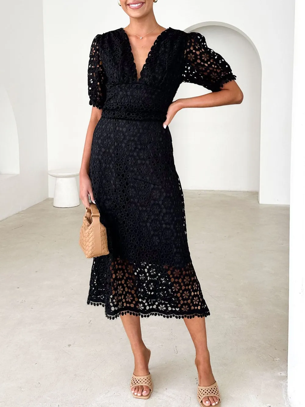 Eyelet Lace V-Neck Midi Dress with Puff Sleeves, image 10