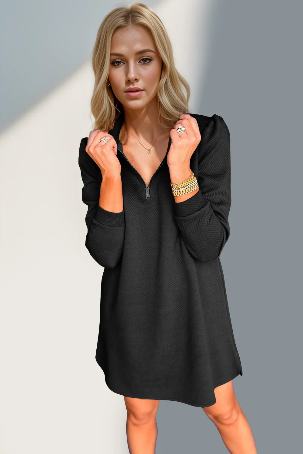 Textured Quarter Zip Long Sleeve Dress, image 7