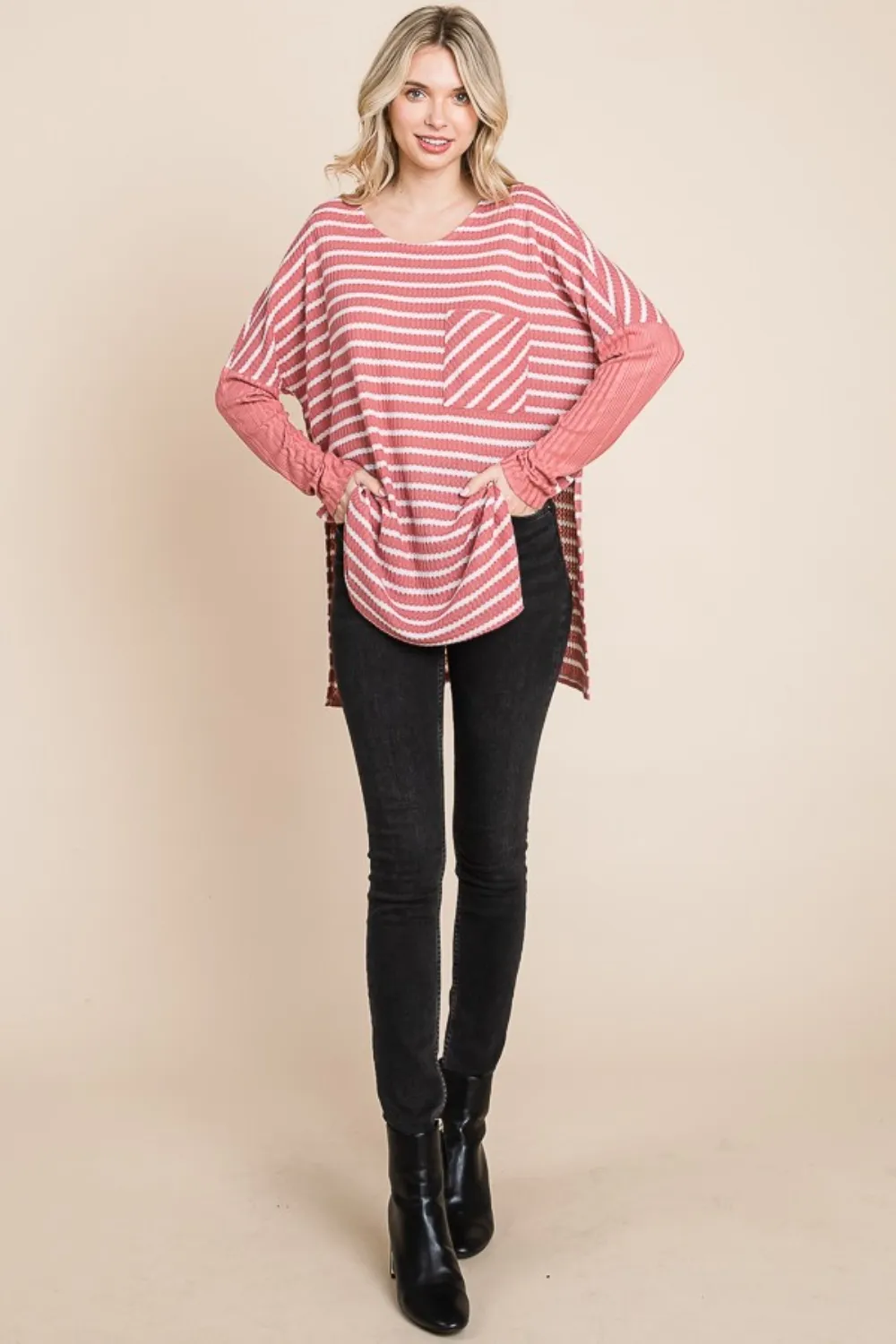 Oversize Striped Round Neck Long Sleeve Slit T-Shirt, image 4