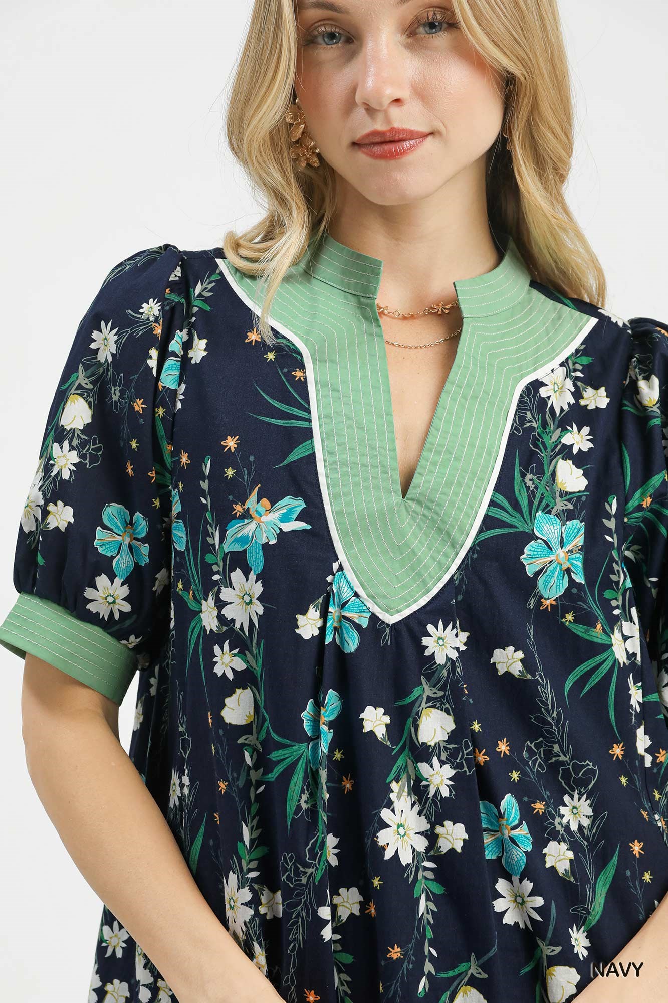 Floral Puff Sleeve Dress with Contrast Trim, image 6