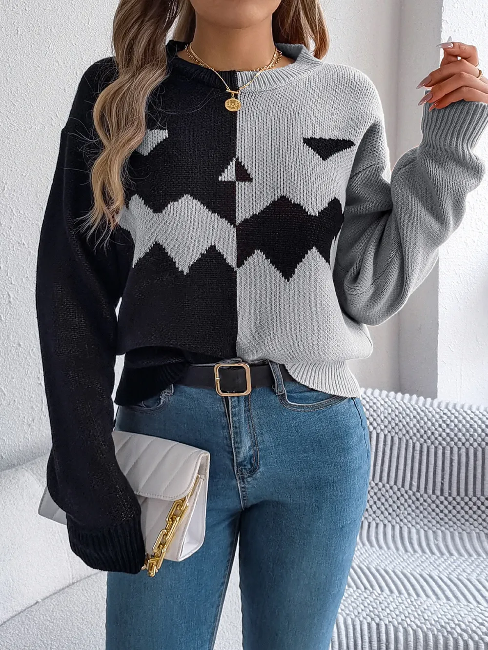 Contrast Round Neck Long Sleeve Sweater, image 16