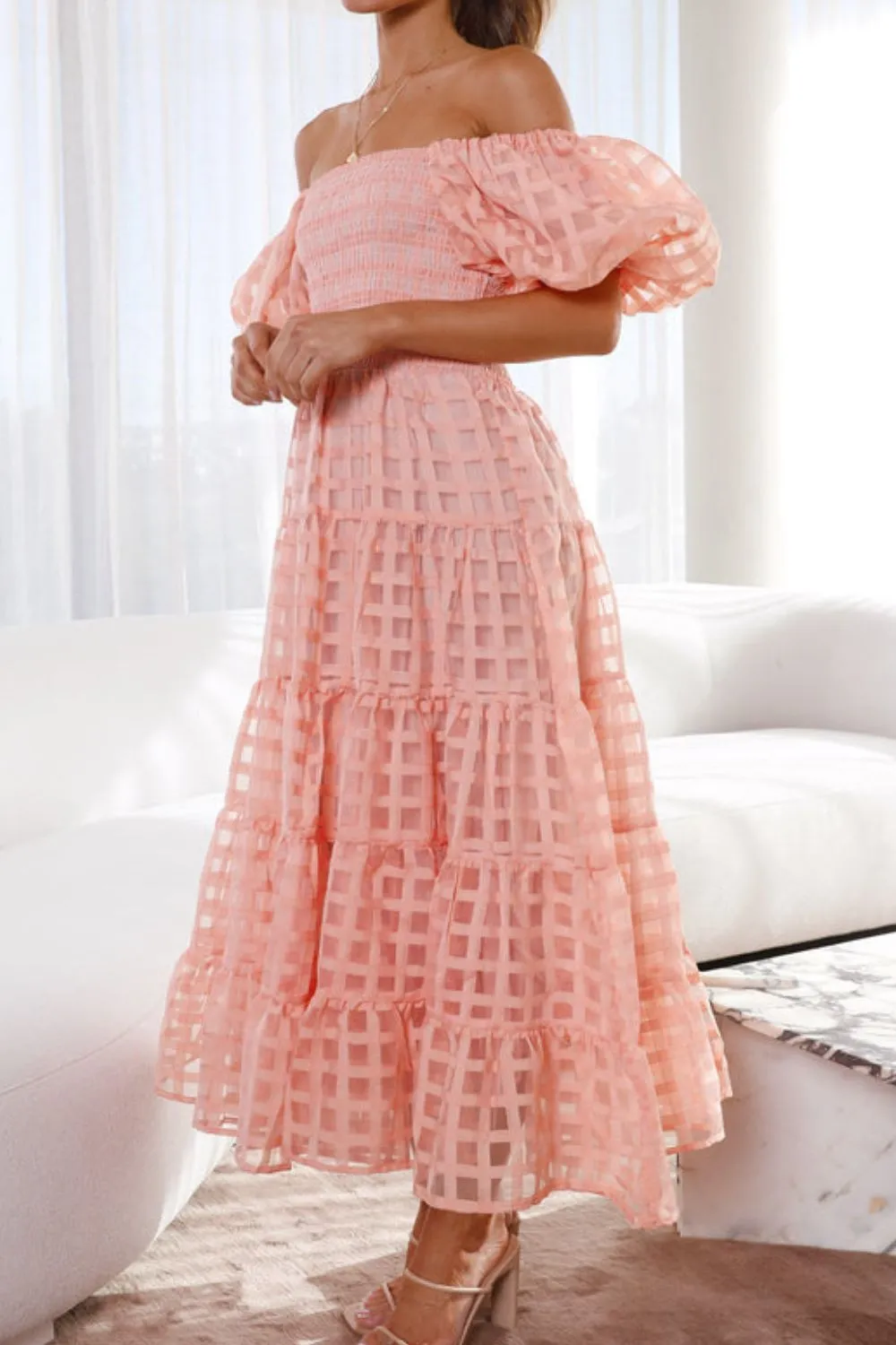 Off Shoulder Short Puff Sleeve Midi Dress, image 16