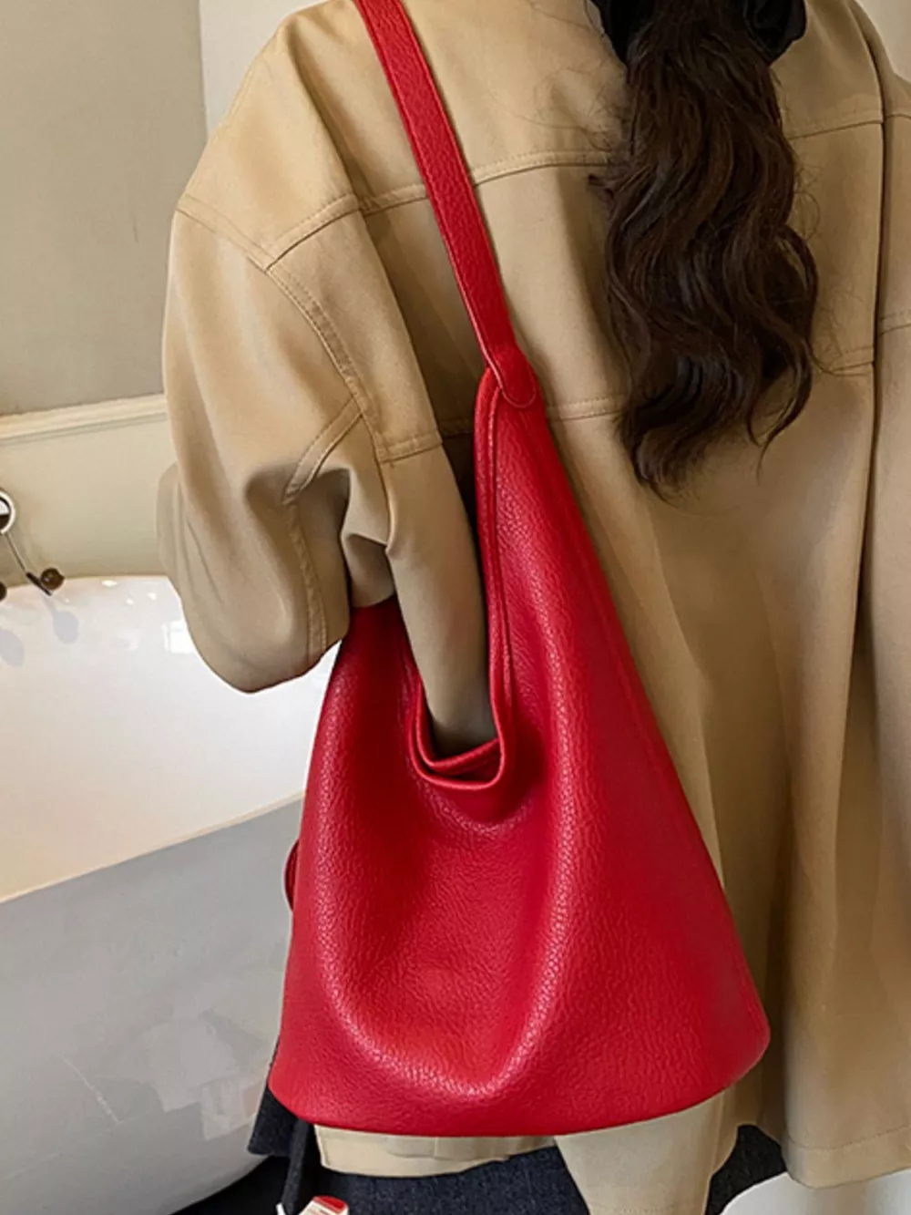 Solid Color Leather Handbag, image 9