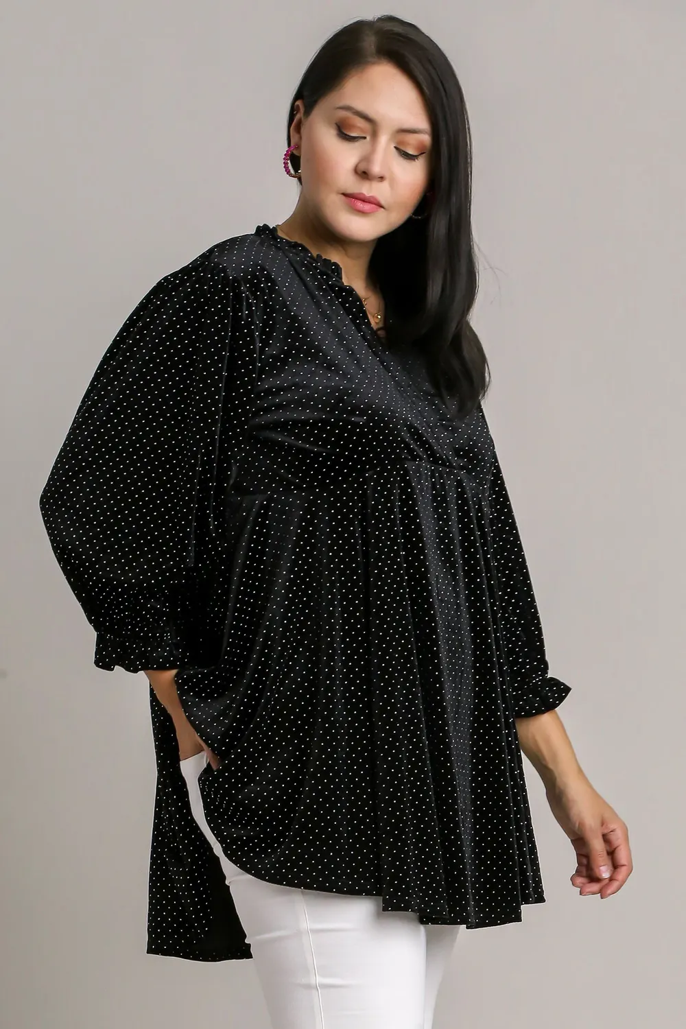Full Size Beaded Frill Flounce Sleeve Velvet Babydoll Blouse, image 6