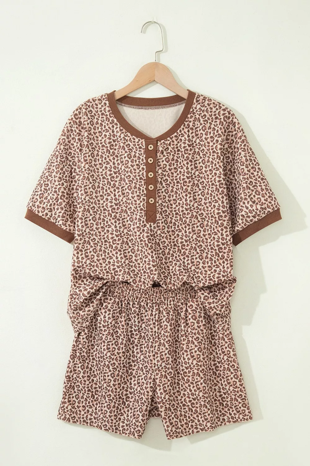 Leopard Print Ribbed Patchwork Half Button Loose Tee Elastic Waist Short 2pcs Set, image 2