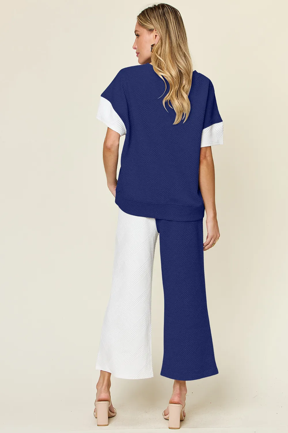 Full Size Texture Contrast T-Shirt and Wide Leg Pants Set, image 10