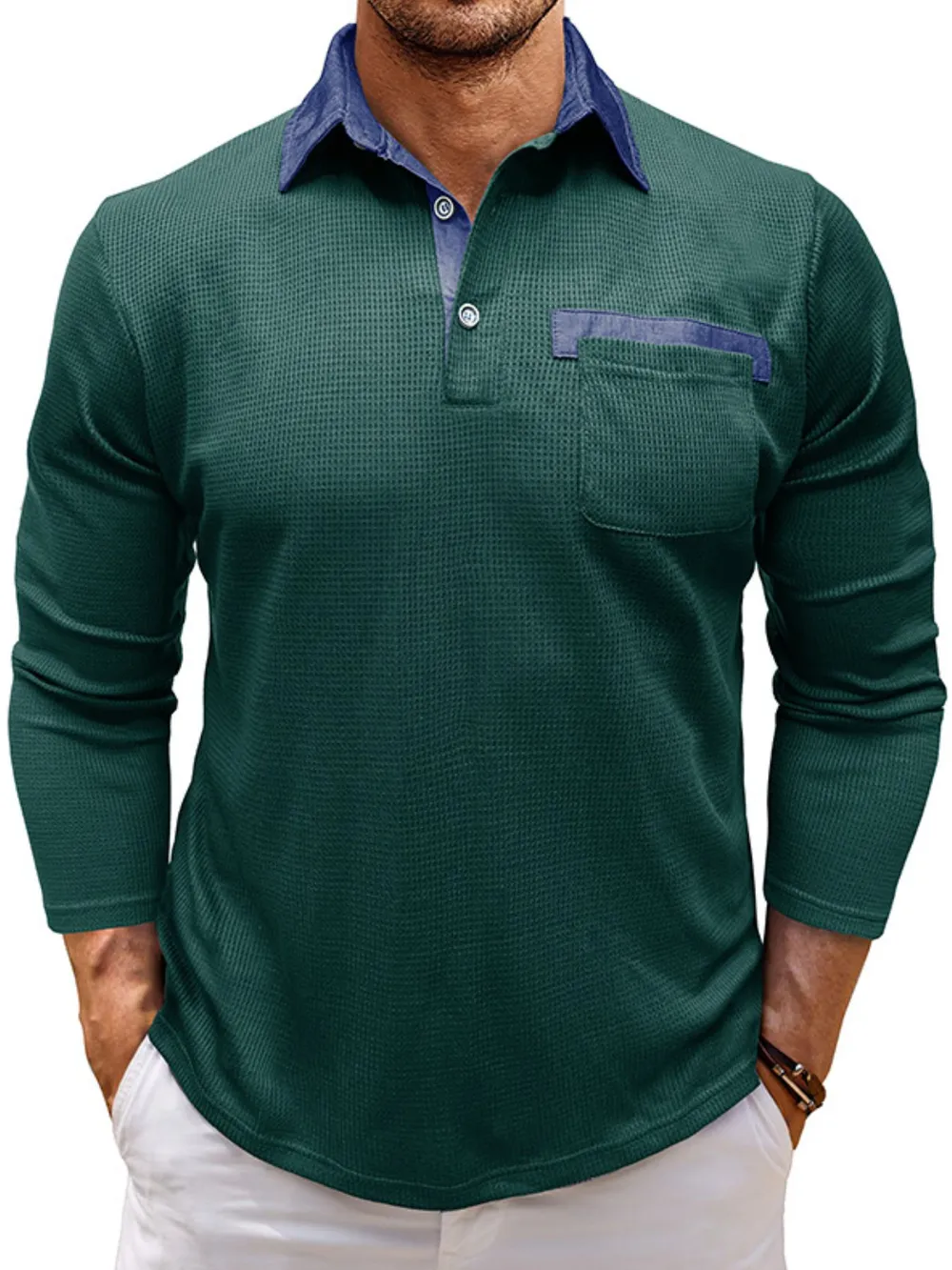 Men's Contrast Collar Long Sleeve Casual Polo Shirt, image 9