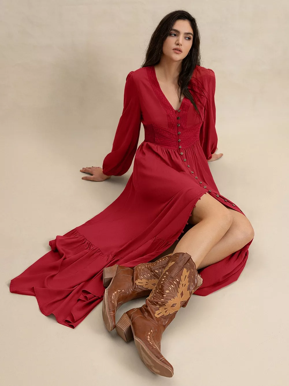 V-Neck Balloon Sleeve Ruffled Hem Maxi Dress, image 6
