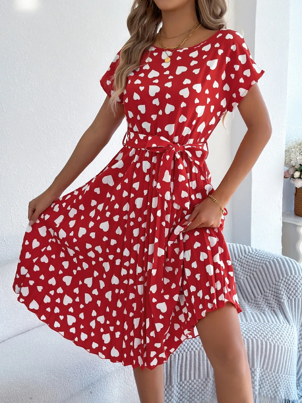 Heart Print Short Sleeve Tie Waist Dress, image 12