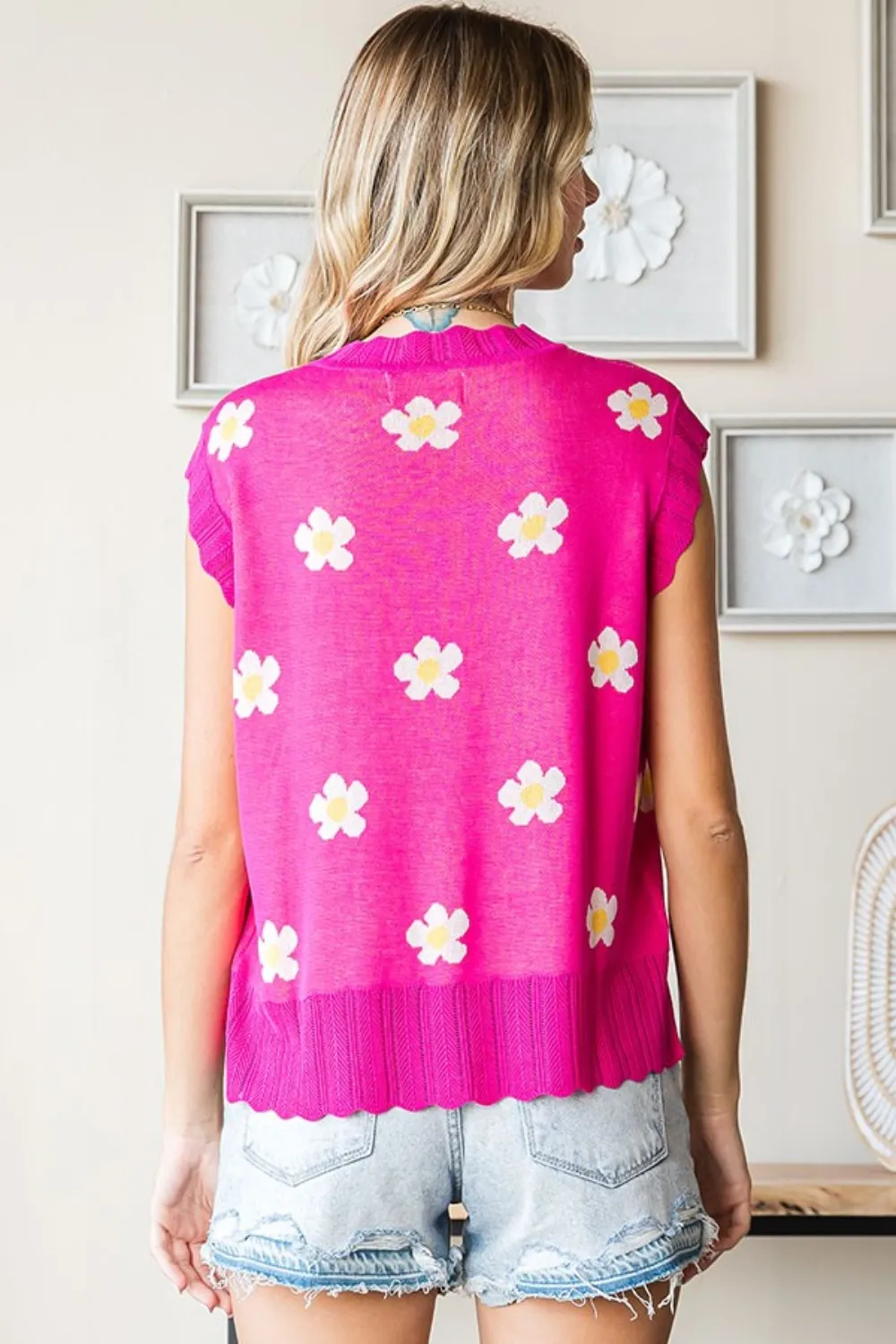 Full Size Flower Pattern Round Neck Sweater Vest, image 2