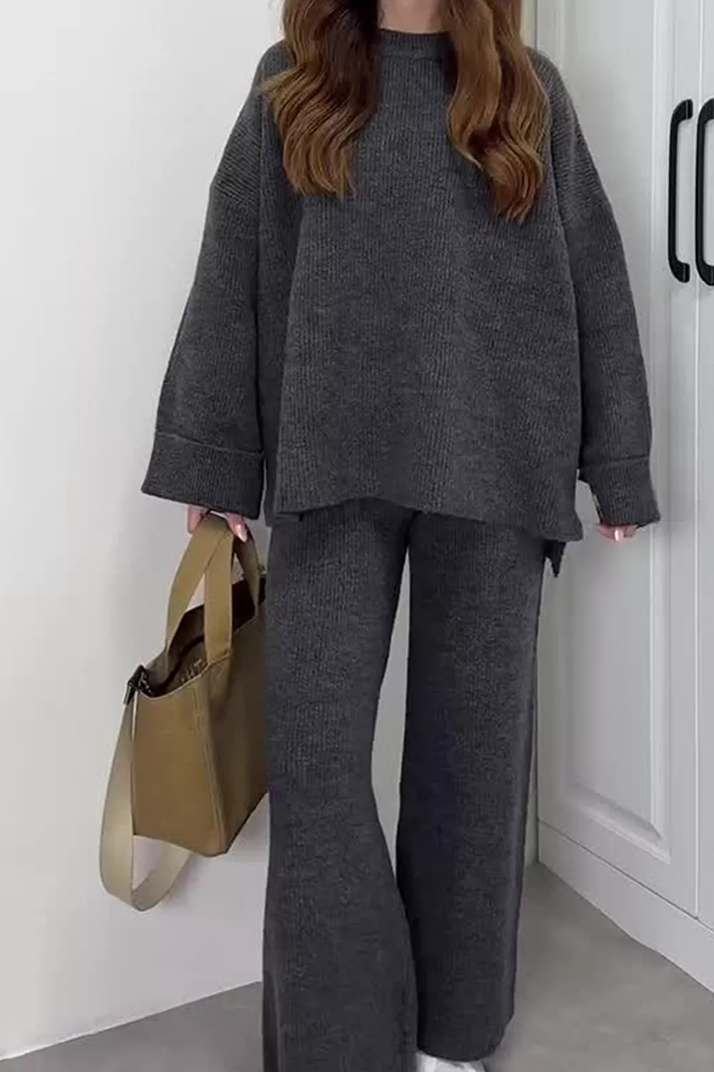 Dropped Shoulder Knit Sweater and Wide Leg Pants Set, image 12