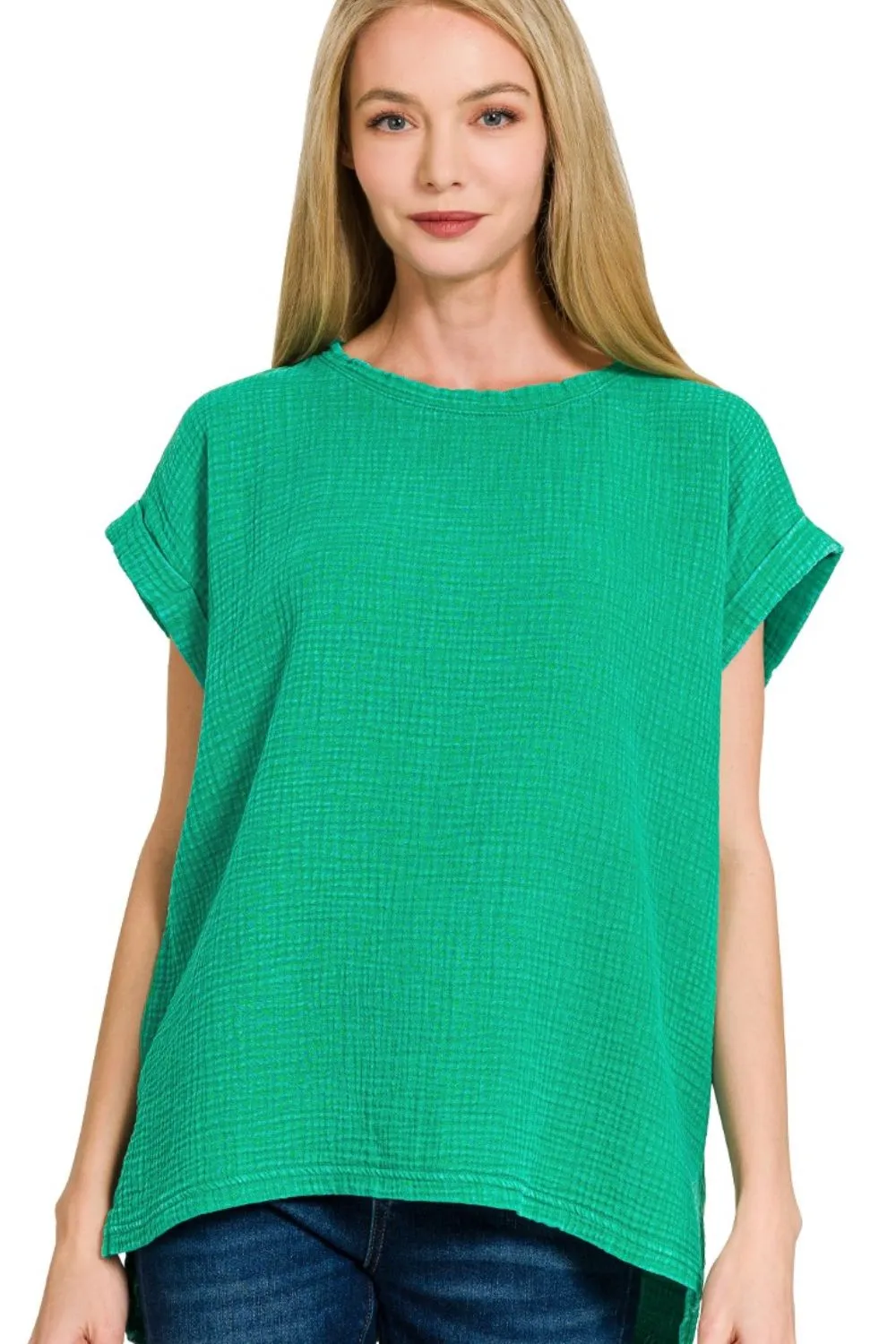 Woven Double Gauze Acid Washed Short Sleeve Top, image 3
