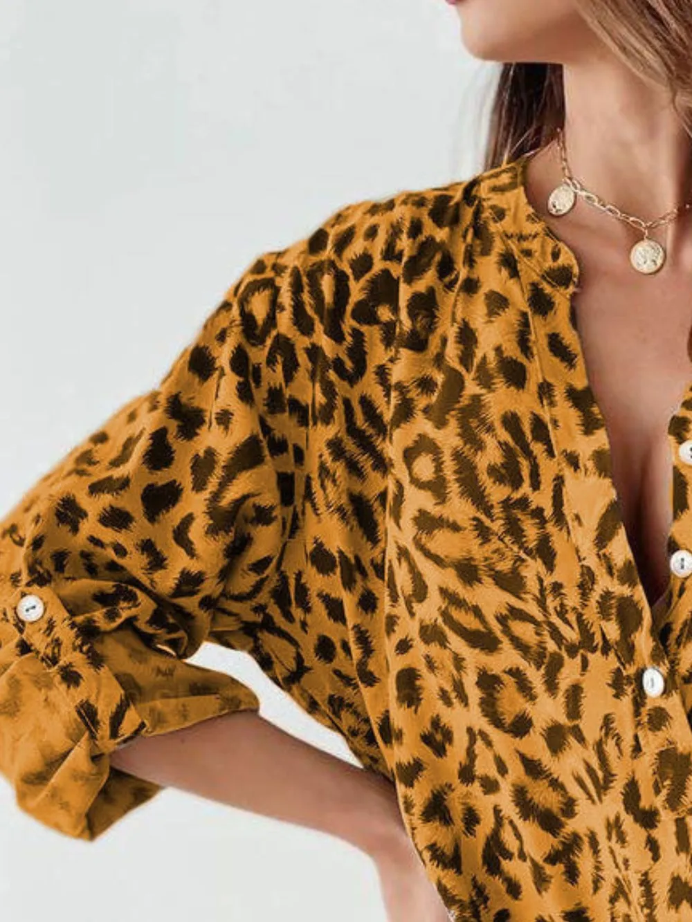 Full Size Leopard Print Roll-Tab Sleeves Blouse Plus Size, image 3