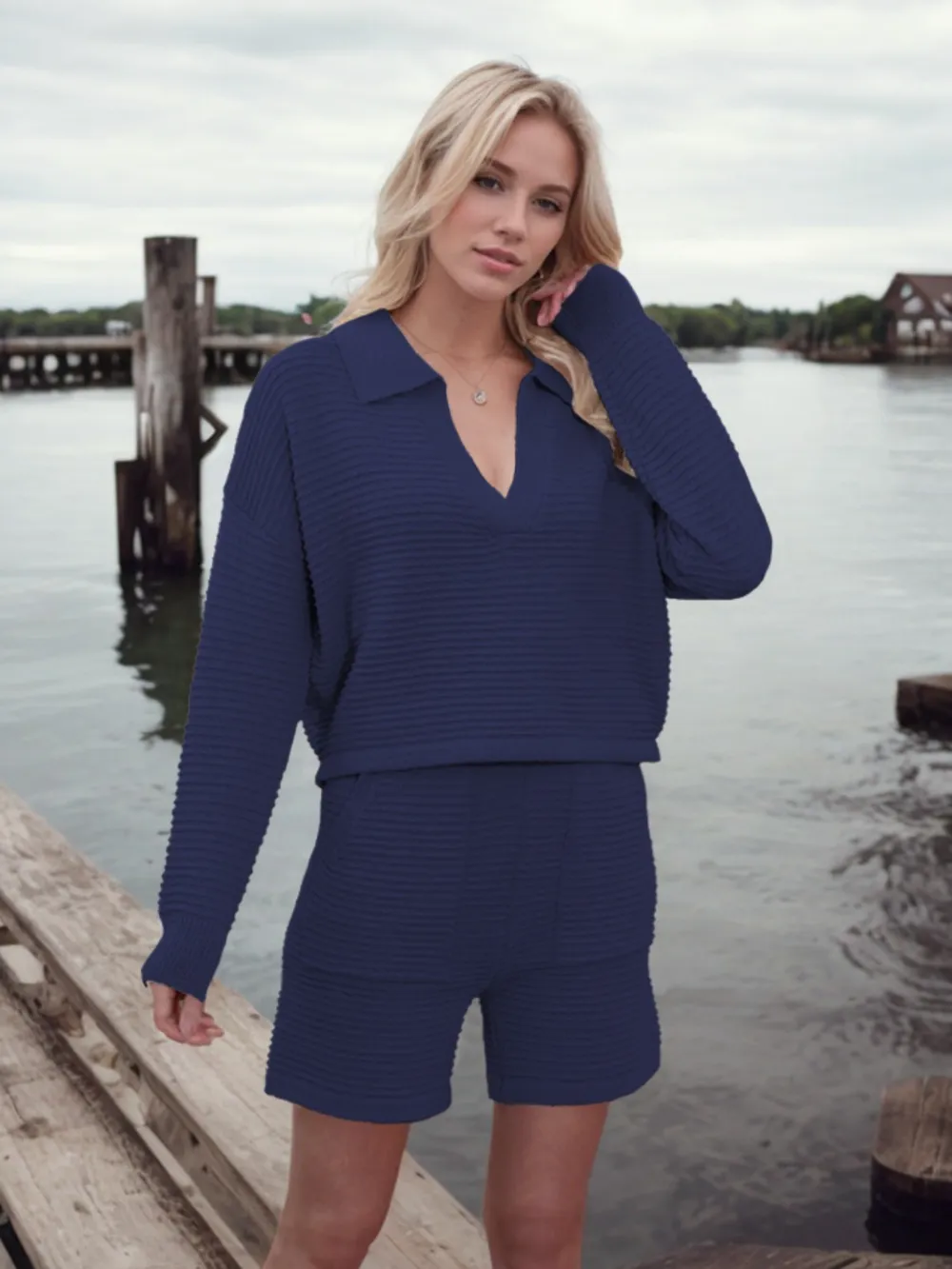 Johnny Collar Long Sleeve Top and Shorts Sweater Set, image 32