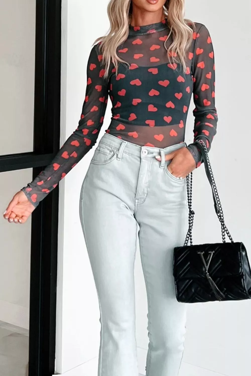 Valentines Heart Printed Sheer Mesh Long Sleeve Top, image 9