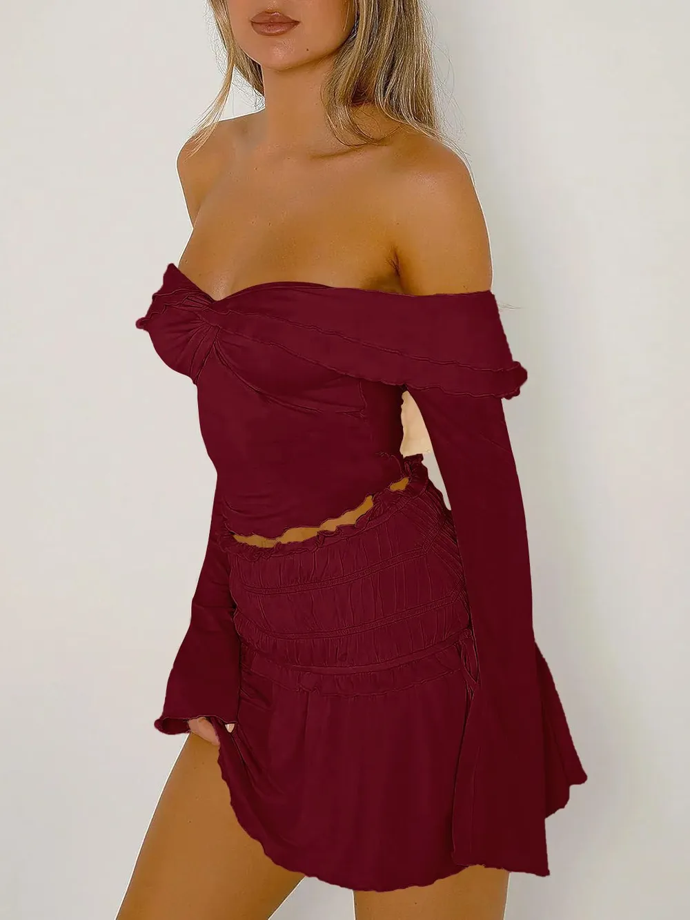 Twisted Ruffled Off-Shoulder Long Sleeve T-Shirt, image 7