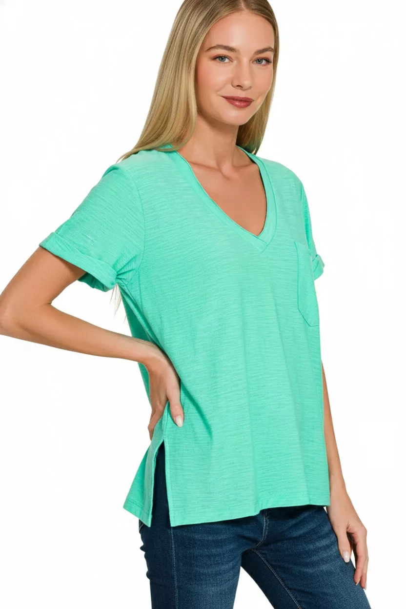 Slub Rolled Short Sleeve V-Neck Tee, image 3