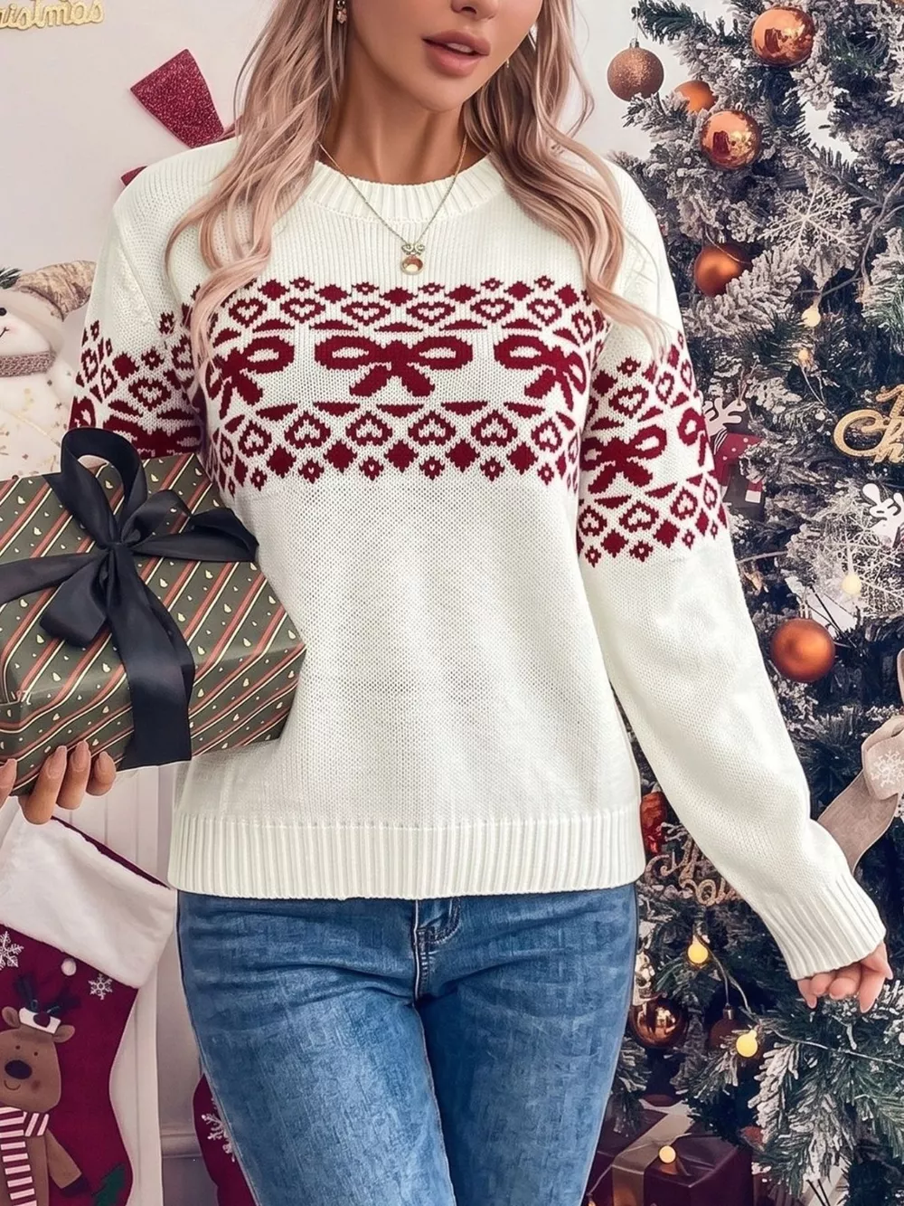 Bow Pattern Long Sleeve Christmas Sweater, image 3