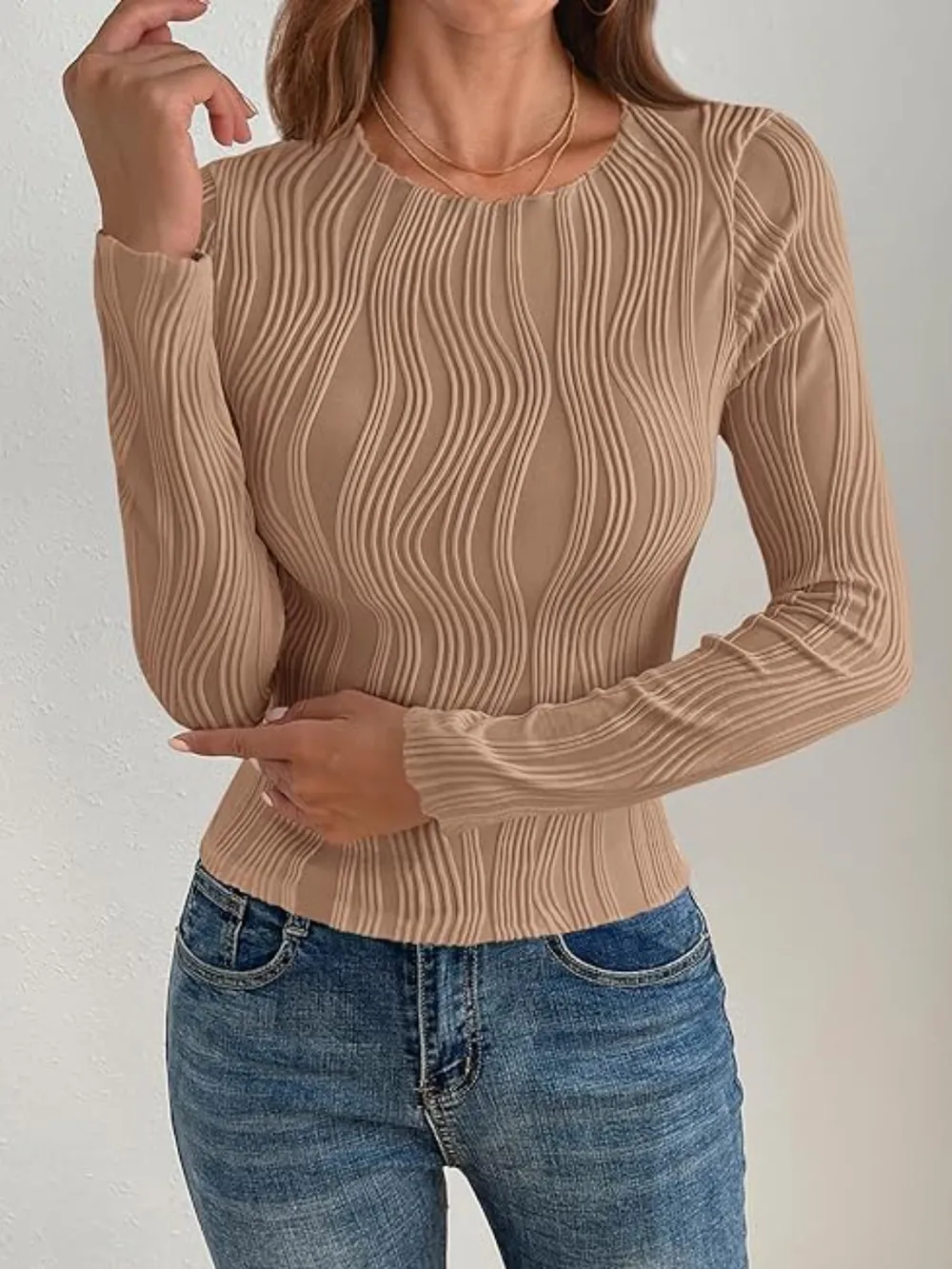 Textured Round Neck Long Sleeve Top, image 6