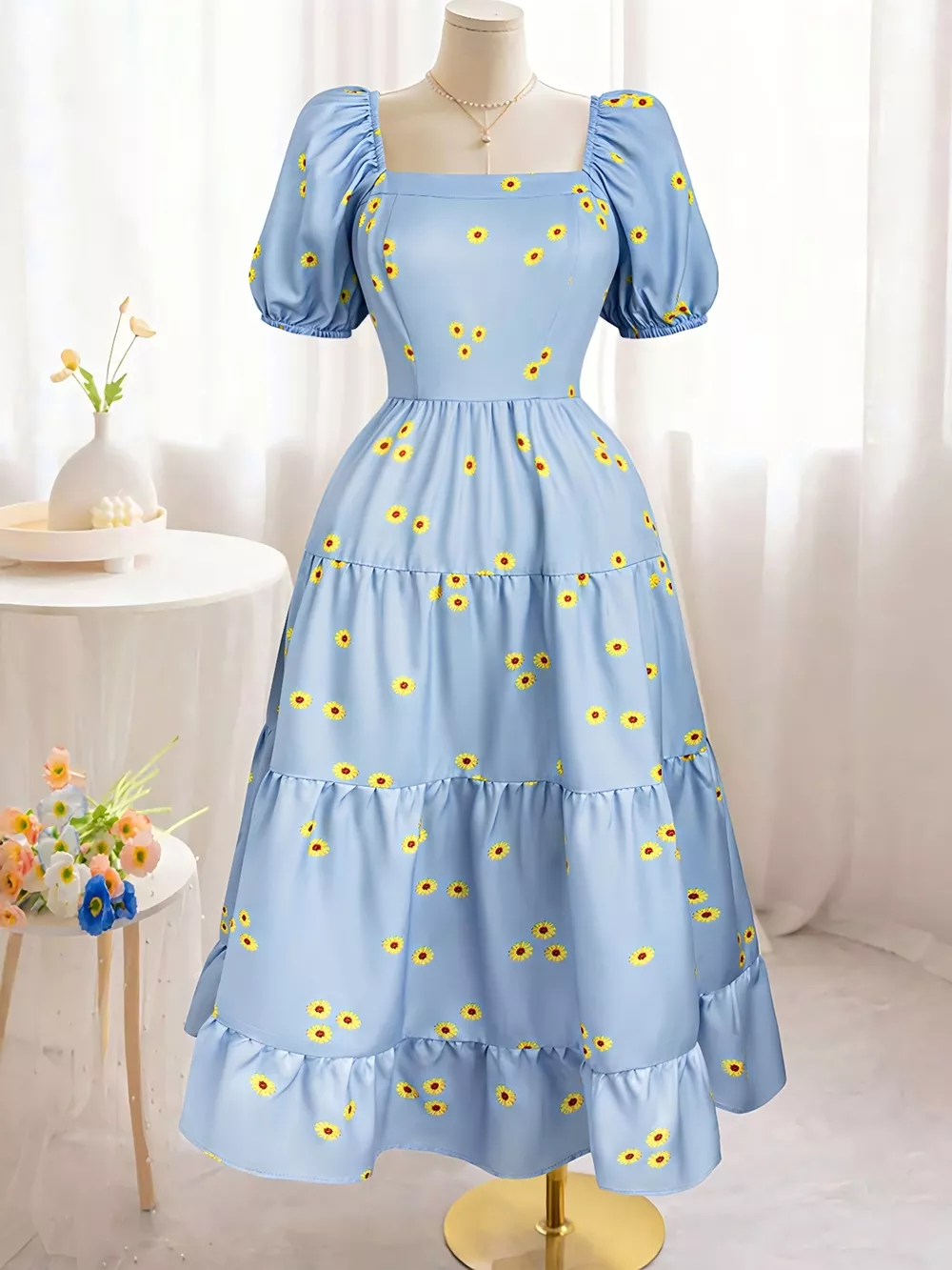 Daisy Print Puff Sleeve Tiered Maxi Dress, image 2