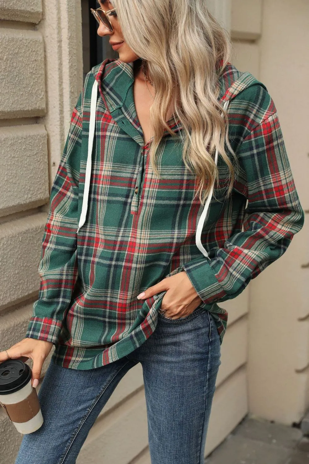 Drawstring Plaid Hooded Long Sleeve Top, image 2