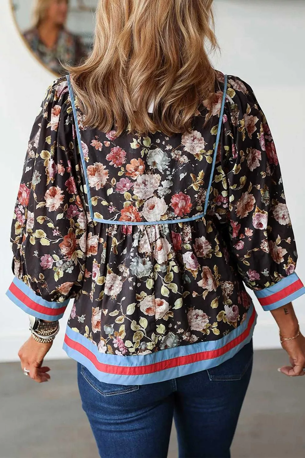 Floral Print Contrast Trim Tie V Neck Blouse, image 2