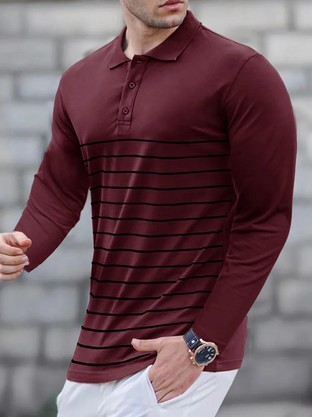 Men's Striped Long Sleeve Polo Shirt, image 8