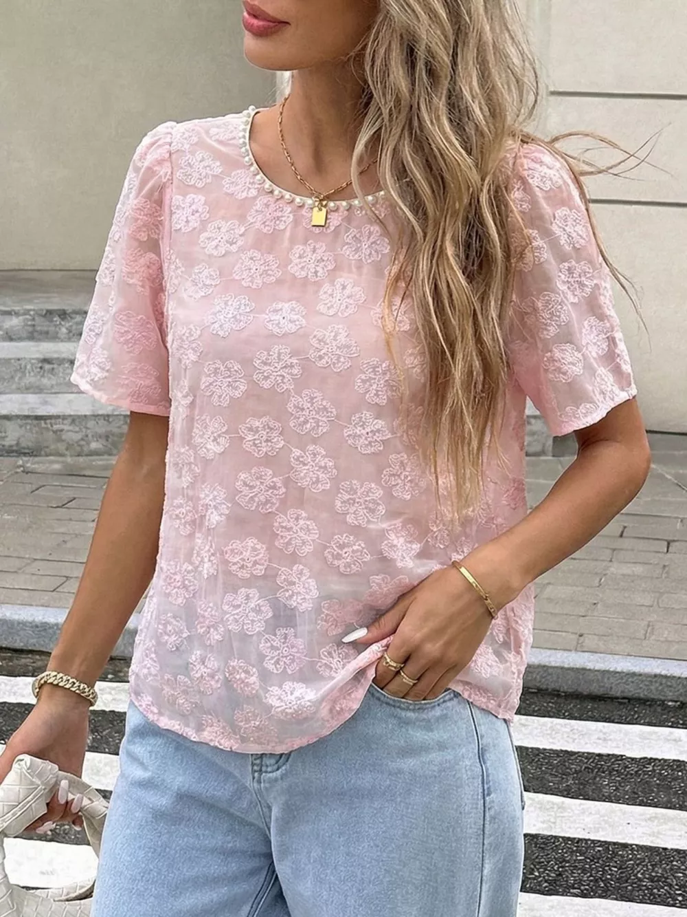 Floral Embroidered Pearl Trim Blouse, image 4