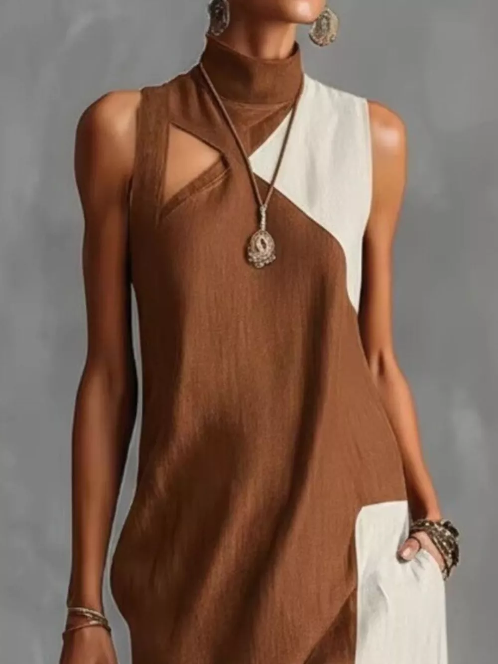Full Size Color Block Mock Neck Sleeveless Maxi Dress Plus Size, image 5