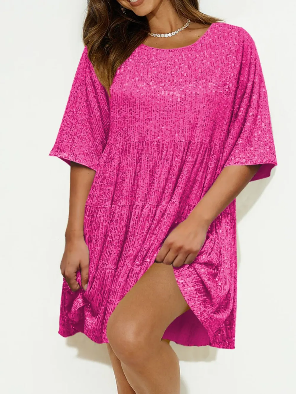 Sequin Round Neck Half Sleeve Mini Dress, image 17