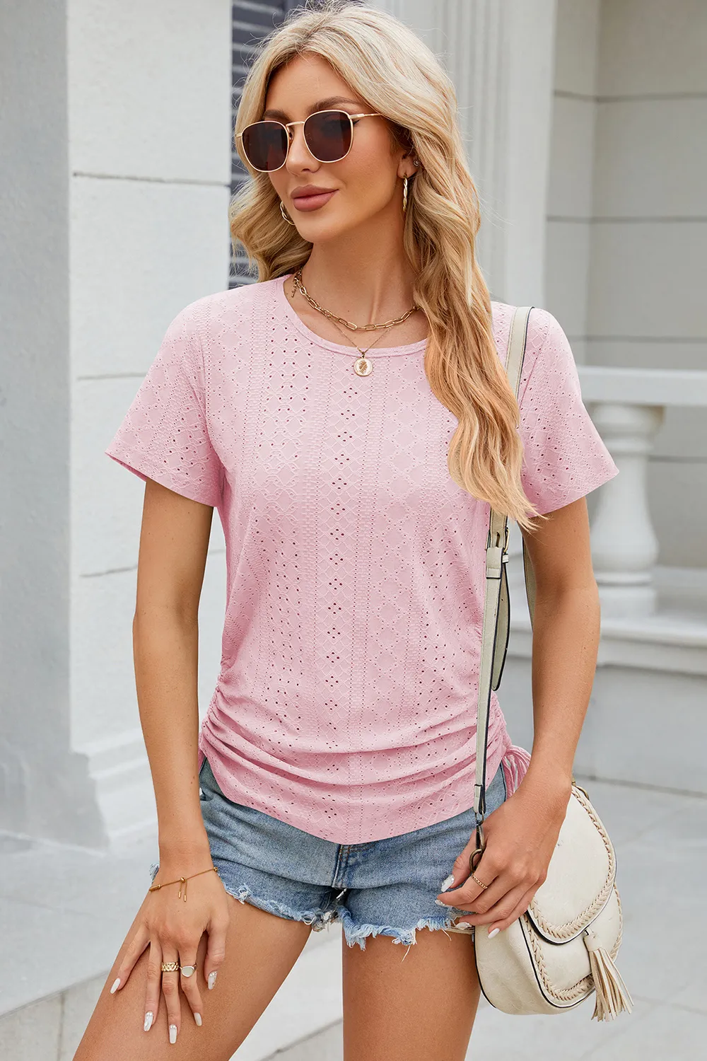 Eyelet Round Neck Short Sleeve T-Shirt, image 14
