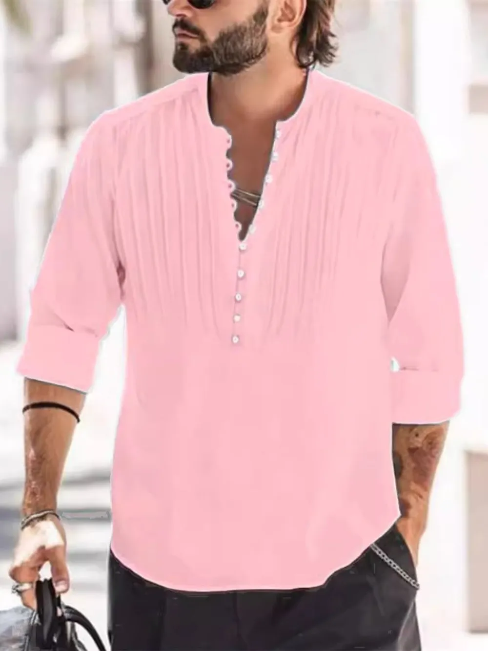 Men's Full Size Button Detail Long Sleeve Polo Plus Size, image 5