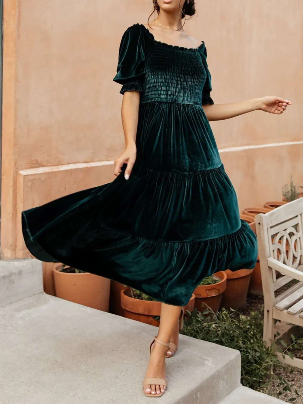 Smocked Half Sleeve Tiered Midi Dress, image 10